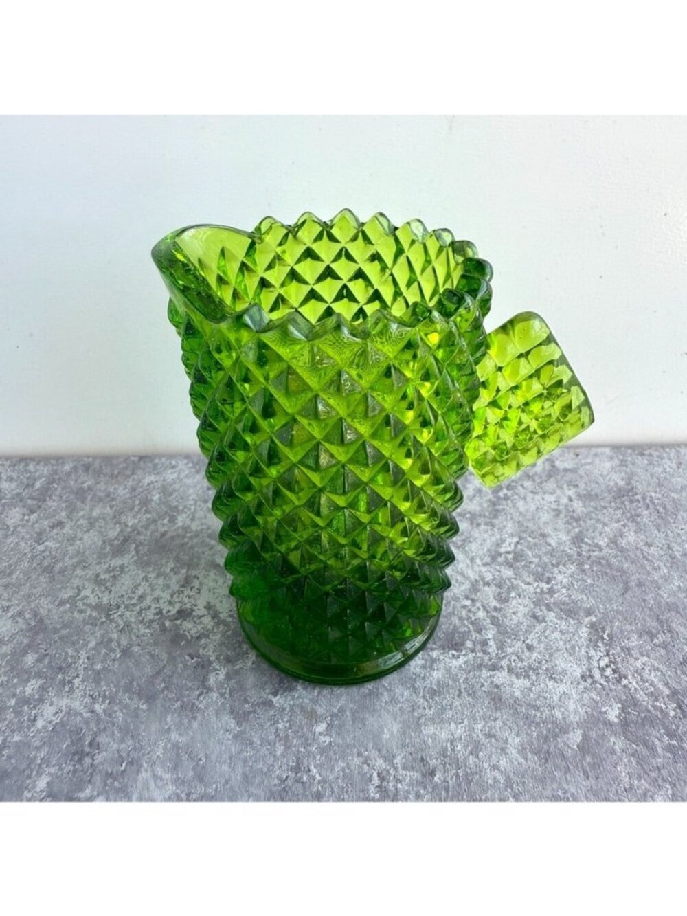 Vintage Green Diamond Point Glass Small Creamer 3"